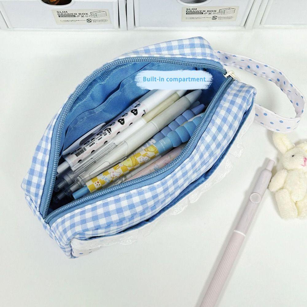 Lace Plaid Print Pen Bag With Handle Stationery Bag New Stationery Organizer Gift
