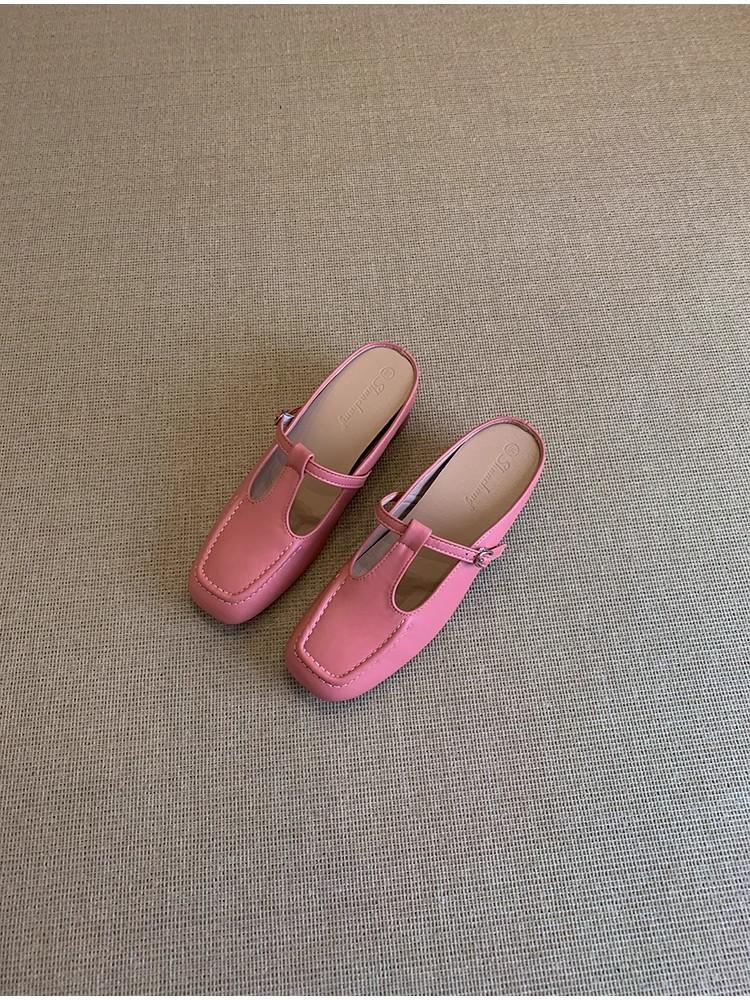 

Версия из овчины~ Небольшое увеличение внутренней высоты розовые шлепанцы с квадратным носком женские 2025 лето новая обувь мюли на одном ремешке 32