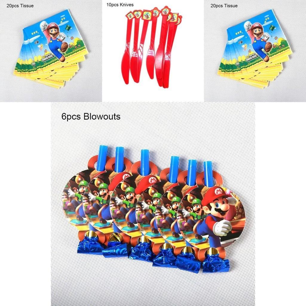 Akcesoria na przyjęcie urodzinowe w tematyce Super Mario z kolorowymi banerami, kubkami i serwetkami