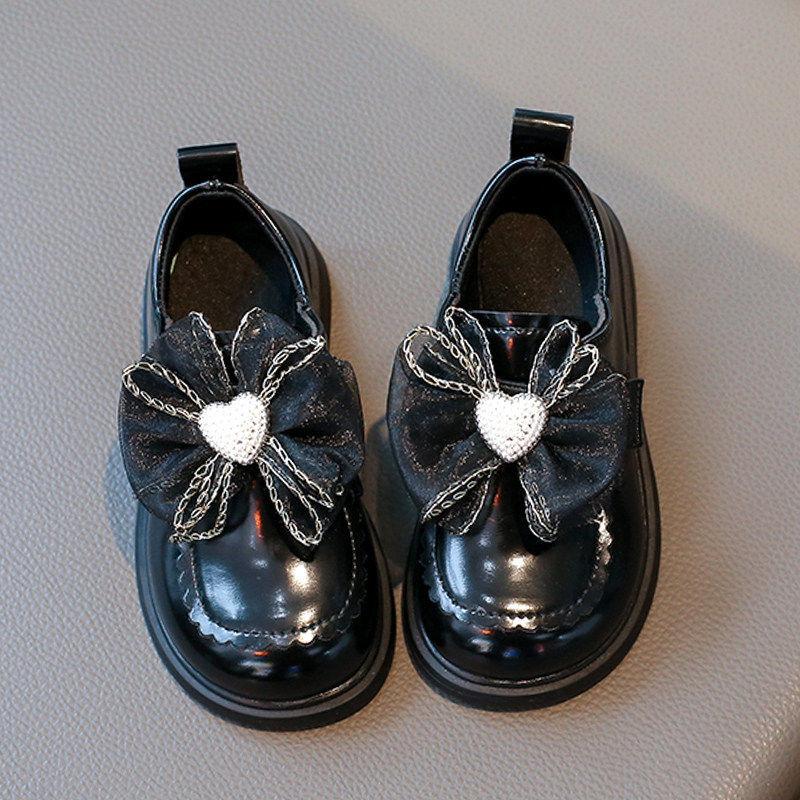 Girls Black Princess Leather Shoes Kids Fashion Loafers Stylish Flat Shoes for Spring