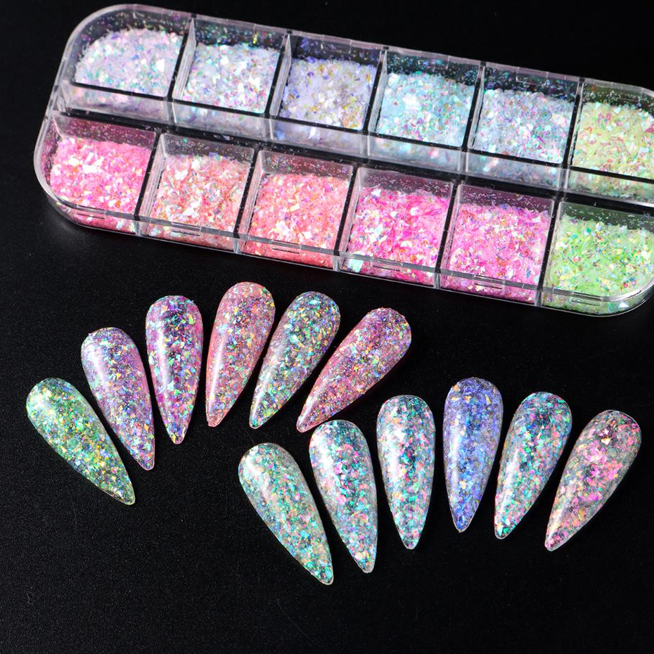 12 Grids Aurora Chameleon Nail Glitter Flakes Irregular Crystal Glass Sequins Powder Shiny Mermaid Paillette Nail Art Decoration