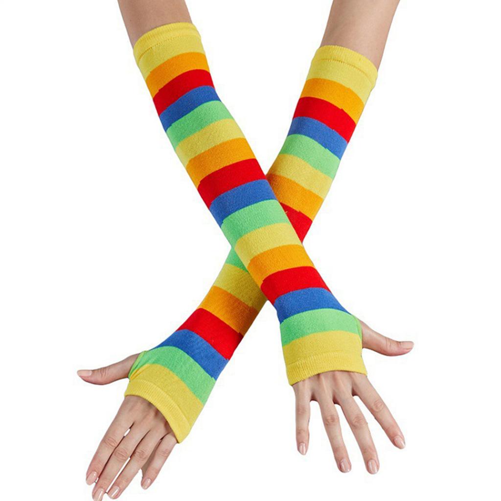 Colorful Stripe Fingerless Gloves for Women Fashion Arm Sleeves Christmas Party Decorative Rainbow Gloves for Teens Girl