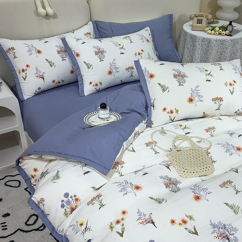 Category A Maternal and Infant Grade Washed Cotton and Linen Bed Cotton Four-piece Set and Three-piece Set Pure Cotton Bed Sheet and Quilt Cover