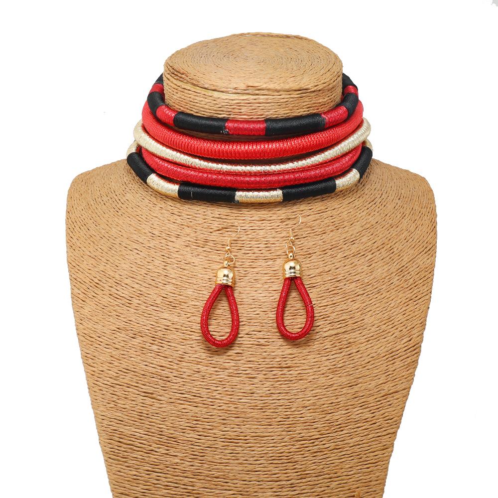 Africa Tribal Neck Jewelry Multilayer Colorful Rope Weave Chunky Bib Statement Necklace Earrings Set For Women Party Accessories