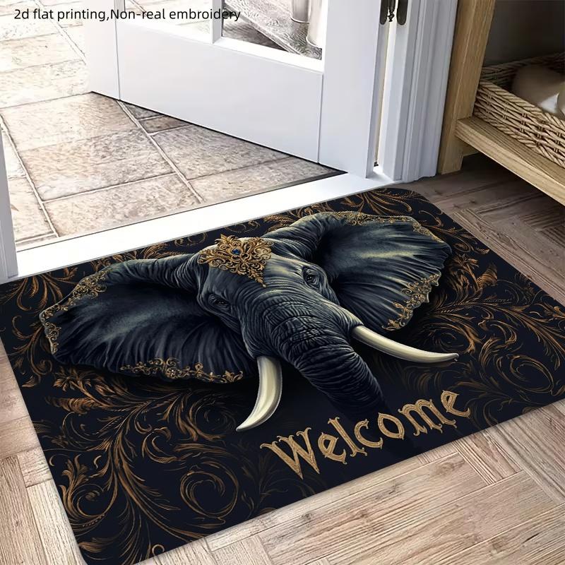 1pc, 2D Flat Printing, Retro Elephant Golden Pattern Welcome Mat, Doorway Entrance Rug, Non-Slip Machine Washable Easy to Clean Polyester Carpet, Suit