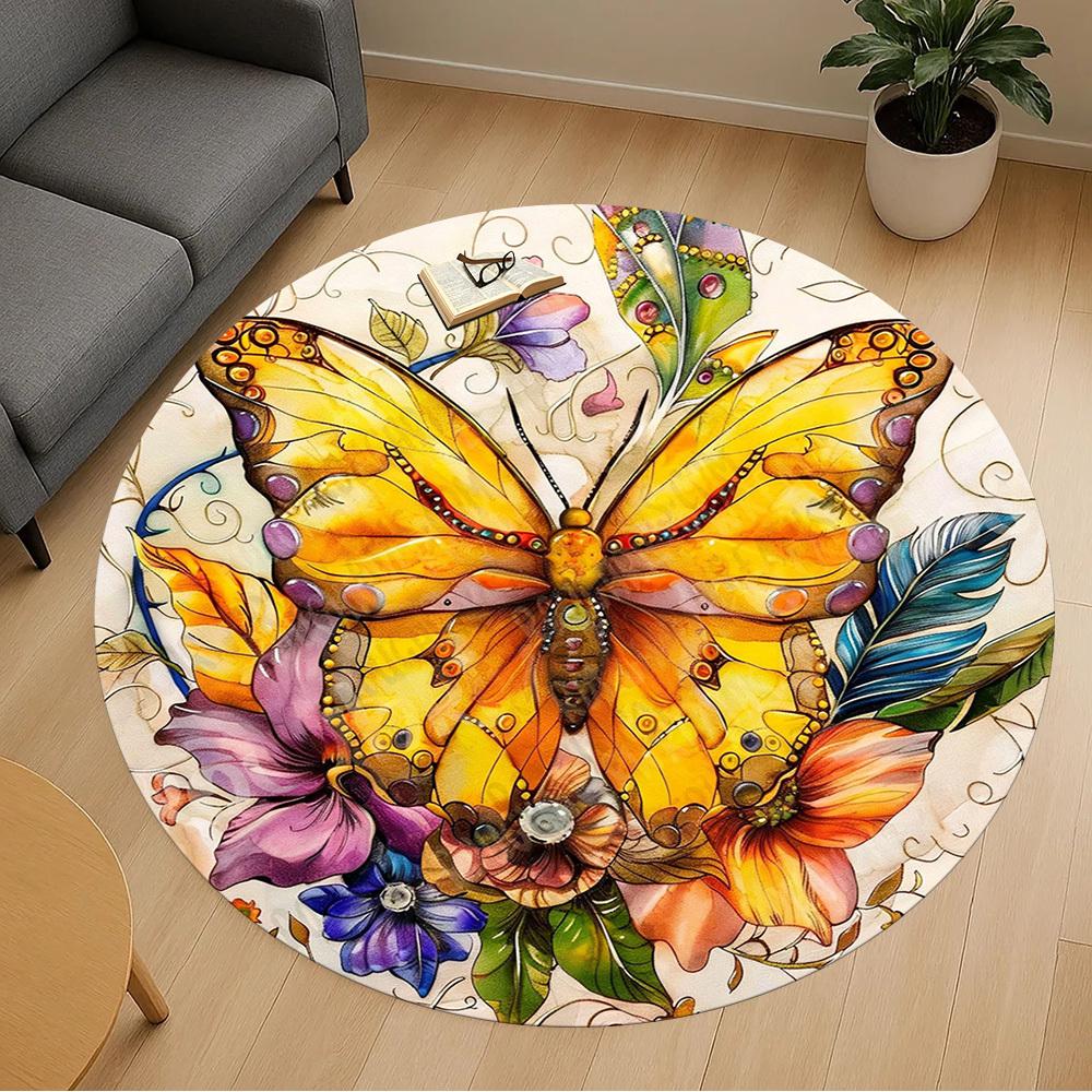 1PC butterfly flowers Office Round Area Rug, Under Office Chairs Bedroom Living Room Home Decor, Carpet for Office -1110025