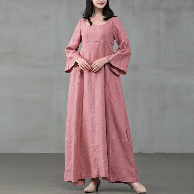 Women Autumn Retro Square Neck Maxi Dress, Long Flare Sleeve Loose Fit National Style Big Swing Hem Casual Long Dress