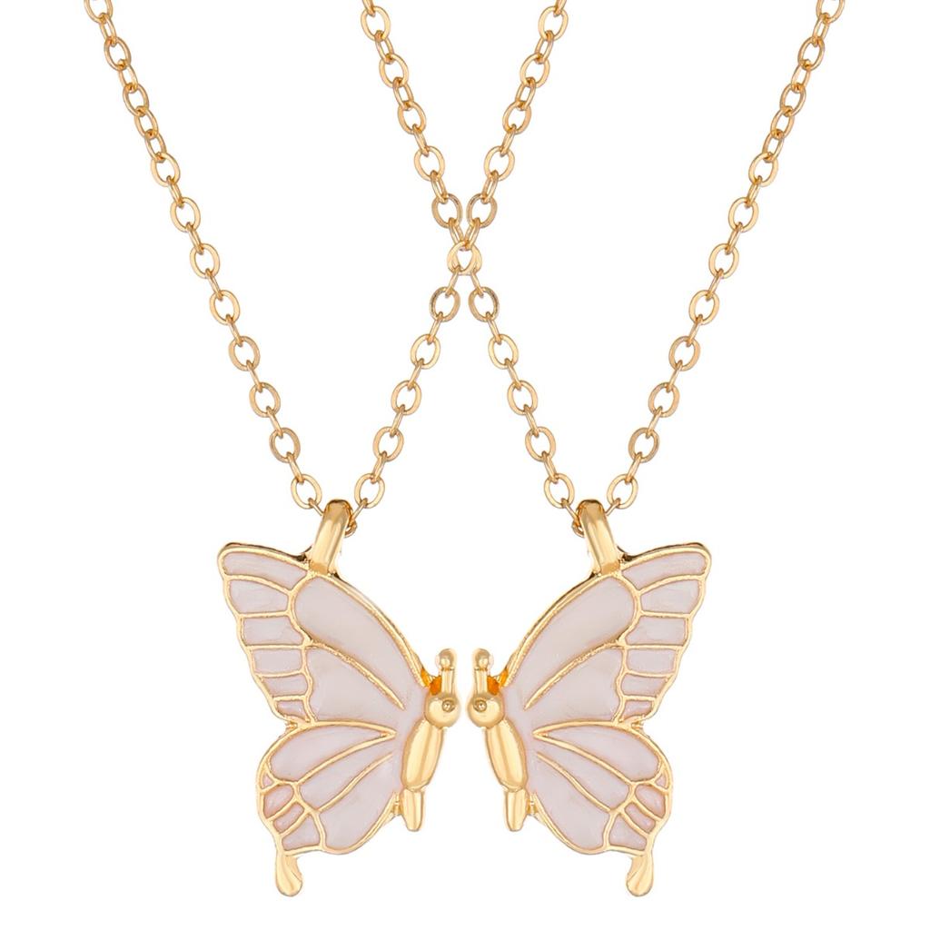 Split Butterfly Pendant Necklace Set Pink Enamel Matching Butterfly Necklaces for Best Friends
