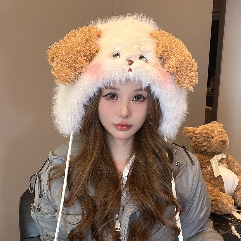 Cute New Puppy Plush Hat for Women with Versatile Color Matching Ears Cartoon Autumn and Winter Ear Protection Hat Showing Face Small Knitted Hat