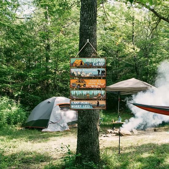 Outdoor Wall Decoration, Wood Sign with Hemp Rope Hanger, Retro 5-Panel Spliced Design, Adventure Camping Wood Wall Decor for Porch Campsite
