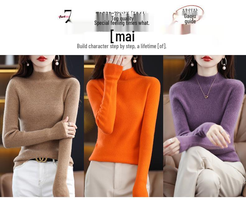 Women's Autumn & Winter Half-High Neck Wool Sweater - Tight-Fitting Australian Wool Pullover Knitwear Base Layer