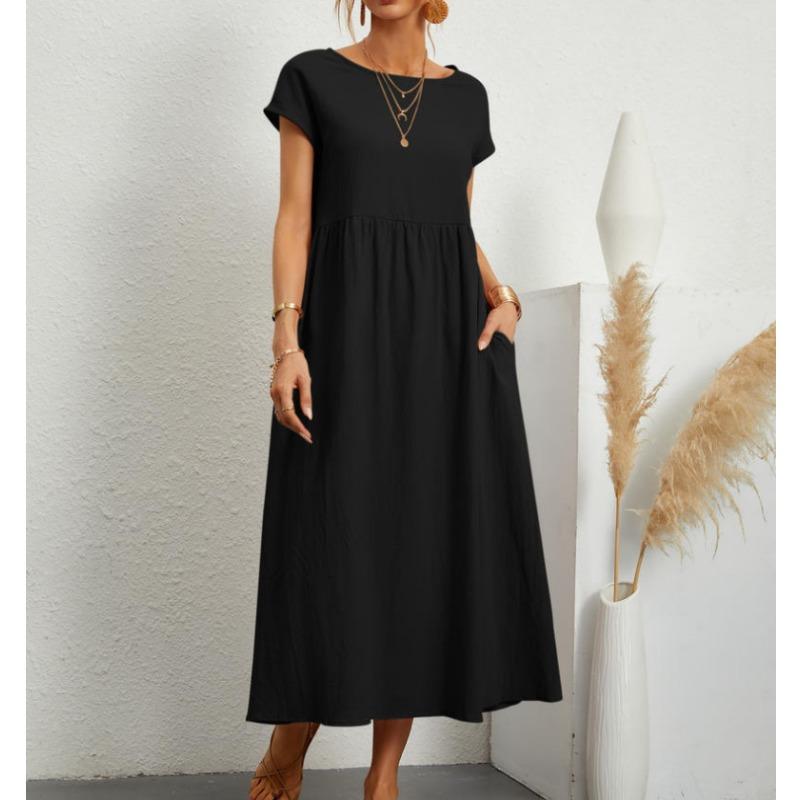 QICED Fashion Summer Spring Solid Color Print  Short Sleeve O-Neck Casual Dresses