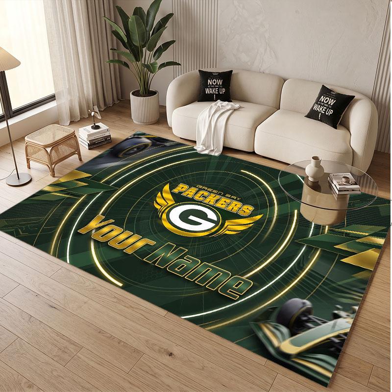 Custom Rug Green Bay Packers Pattern Print Name Text Soft Non‑Slip Floor Carpet for Home Indoor Decoration