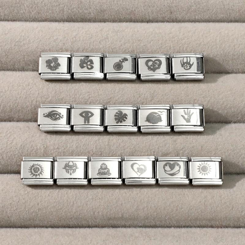 Fashion Girls' Eye Cake Sunset Butterfly Flower Cat Laser Engraving Charm Links Fit 9mm Stainless Steel Bracelet DIY Making Gift