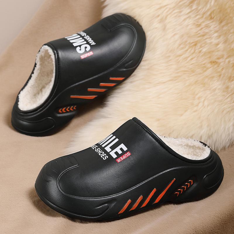 Herrenschuhe Winter Warme Schuhe Plüschfutter Indoor Baumwollpantoffeln Schlichte Plateau Außenküchenschuhe Haus Wasserdichte Pantoffeln