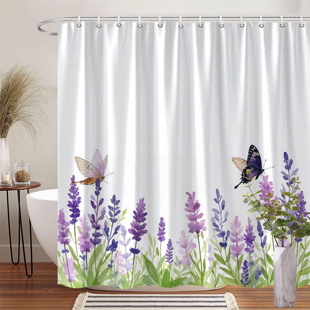 1 Watercolor Butterfly and Purple Flowers Shower Curtain - Tranquil Nature Scene with Hooks, Polyester Fabric, Machine Washable 90X180cm