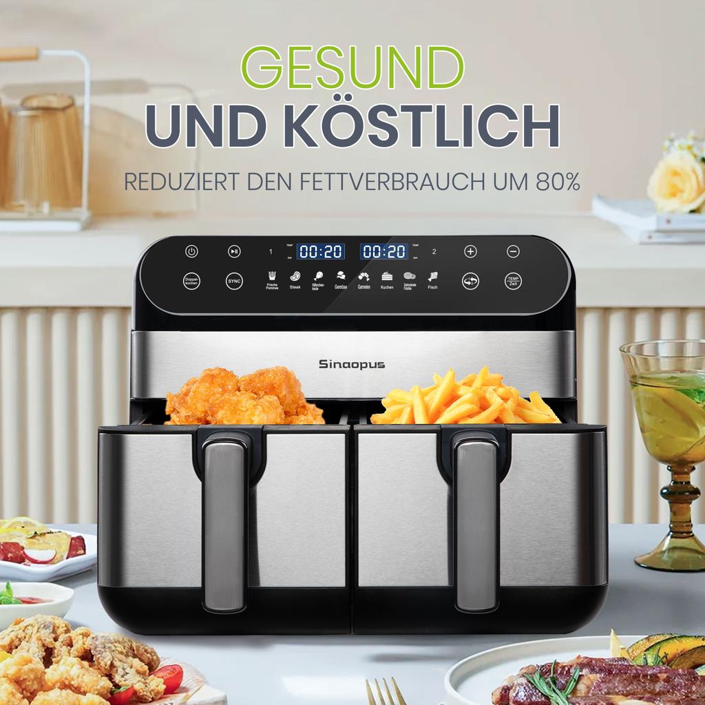 Air Fryer 10L XXL with Dual Chamber Dual Zone for Families, Fryer with LED Touchscreen, Adjustable Time and Temperature, 8 Cooking Functions