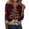 Women's Fashion Casual Christmas Print V-Neck Button Three-Quarter Sleeve T-Shirt Top