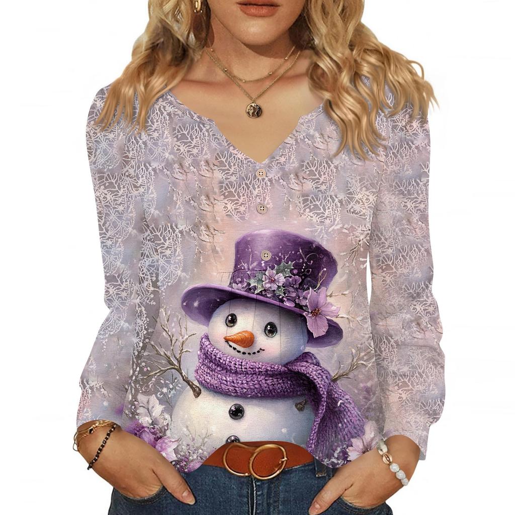 Dámská módní ležérní halenka s výstřihem do V, knoflíky, vánoční potisk, s dlouhým rukávem, pulovr, tričko, top