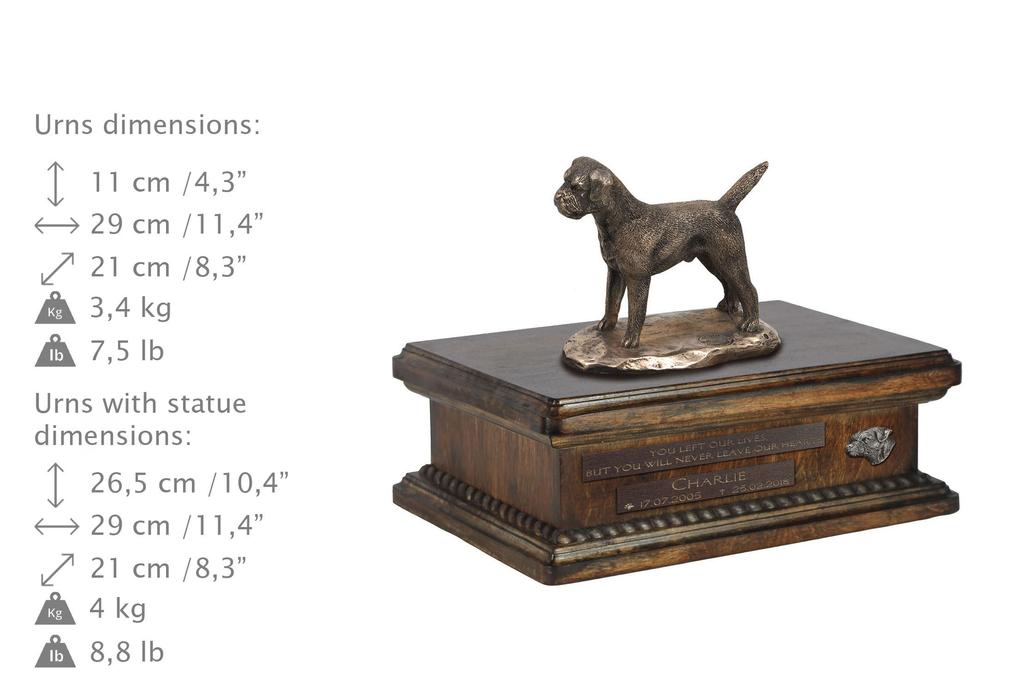 Border Terrier - urn for dog ashes, personalized urn with a statue, wooden urn with a dog by Art-Dog brand