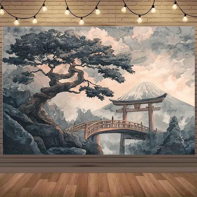 2D Asian Art Backdrop, Watercolor Mount Fuji with Shrine Gate & Pine Tree Banner