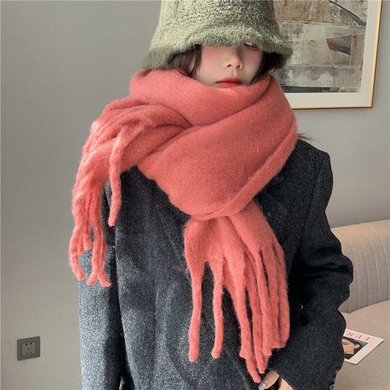 New Mohair Women Scarf Female Winter Warm Thickened Solid Color Long Scarves Soft Coarse Braid Tassel Shawl Viscose Wrap Shawls
