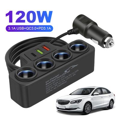 Car Cigarette Lighter Adapter QC3.0+PD 3.1A 12V-24V Car USB Charger 4-Socket 120W Phone Power Adapter USB Phone Charger Adapter