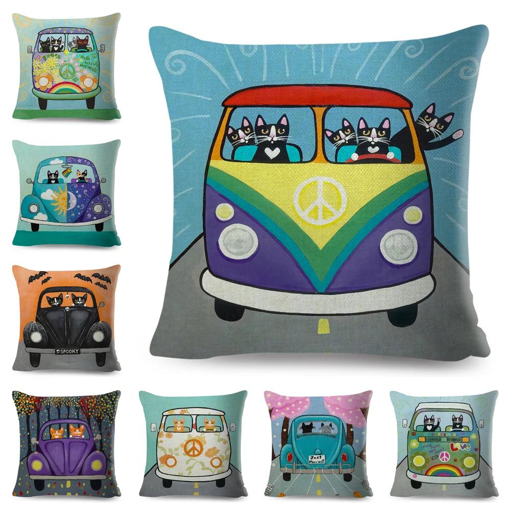 Cartoon Driving Car Cat Cushion Cover Decor Cute Pet Animal Pillowcase Polyester Pillow Case for Sofa Home Children Room 45x45cm