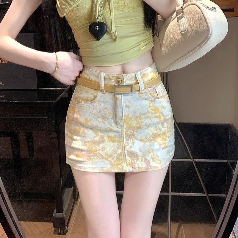 Cotton Blend Flower Print High Waist Short Skirt For Summer Casual Wear