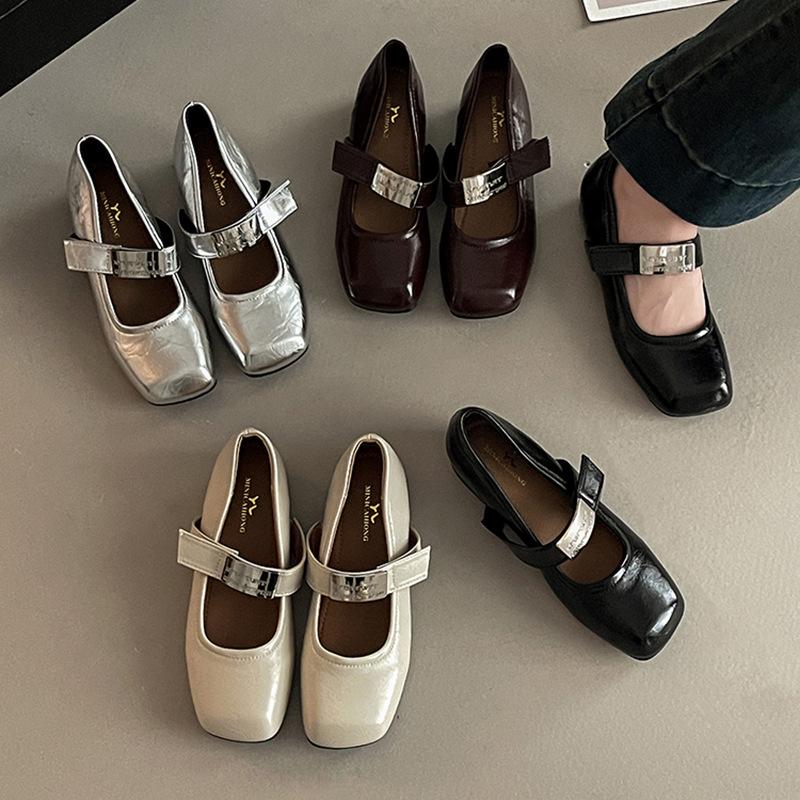 Versatile temperament One-word buckle square head shallow mouth single shoes women's summer fashion heightening buckle thin wedge heel Mary Jane shoes