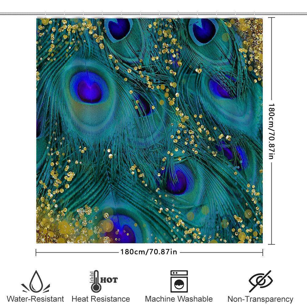 Peacock Feather Shower Curtain Nature Teal Blue Pattern Bathroom Decor Washable Fabric Waterproof Home Textile Artistic Design
