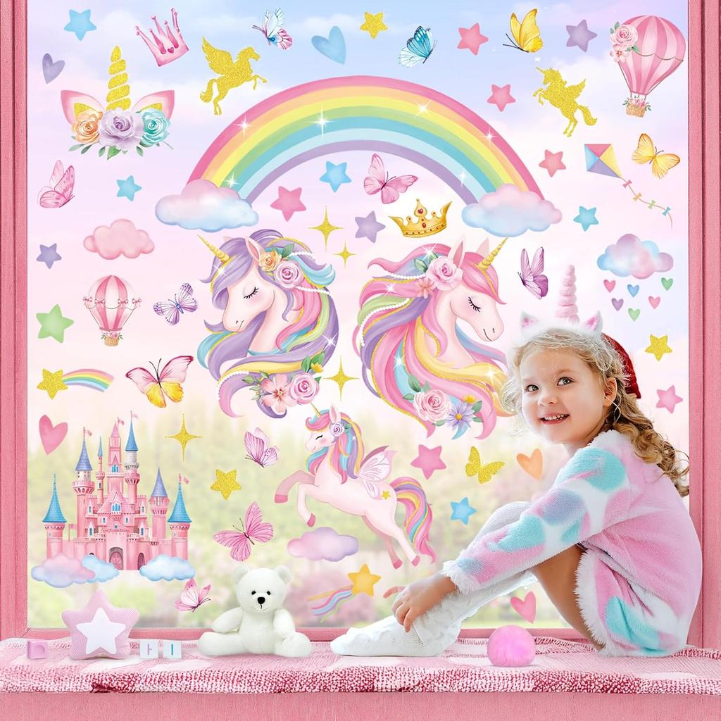 Decalmile Rainbow Unicorn Window Clings Castle Hot Air Balloon Butterfly Clouds Window Decals Girls Bedroom Baby Nursery Kids Room Window Stickers