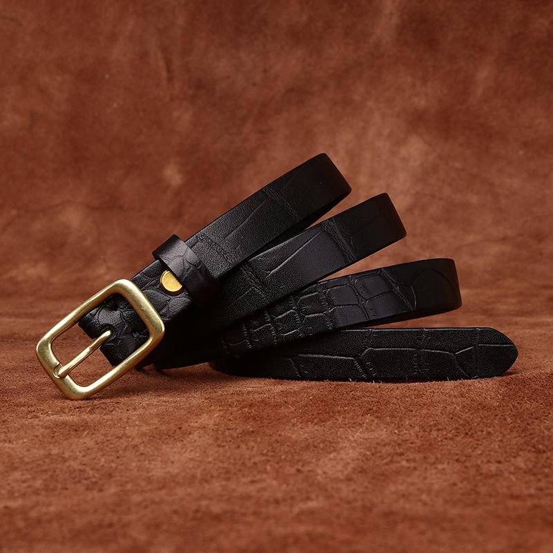 Fine Women's Belt Italian Retro Fashion All-Matching Decorative Genuine Cattlehide Leather Surface Pressure Crocodile Pattern Belt for Women