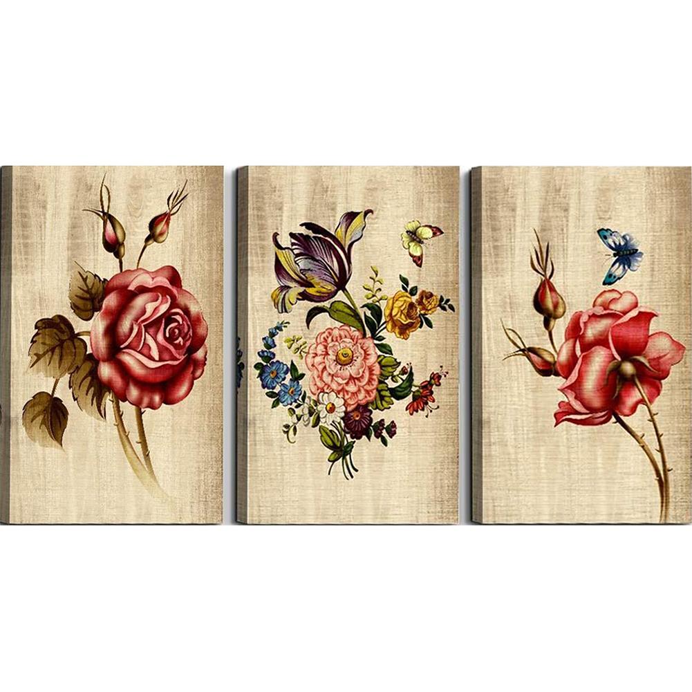 Buy 3 Panels Wood Grain Flowers Oil Paint By Numbers Kits DIY Canvas