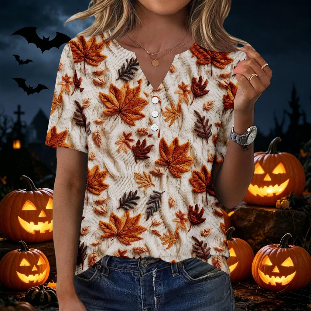 Women's Casual Short Sleeve V-Neck T-Shirt with Leaf Print and Decorative Buttons