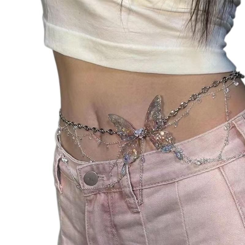 Silver-Tone Butterfly Waist Chain for Women, Layered Body Jewelry with Hanging Accents and Adjustable Positioning for Daily and Street-Style Outfits