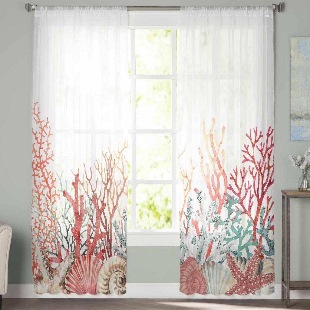 Summer Ocean Coral Seagrass Tulle Window Curtains for Bedroom Luxury Home Decor Drapes In Living Room Chiffon Panels