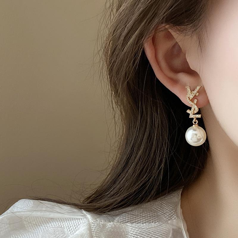 Real Gold Electroplated Zircon Letter Pearl Stud Earrings French Retro Earrings Women