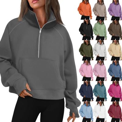 Women's Stand Collar Plus Fleece Solid Color Hoodie Long Sleeve Pocket Loose Half Zip Pullover Hoodie Top