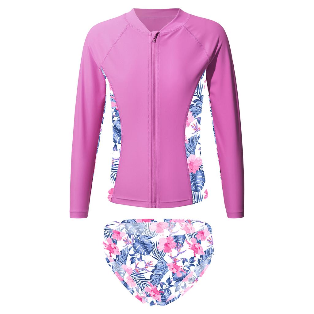 Kids Girls 2PCS Swimwear Swimsuits Beachwear Long Sleeve Outerwear with Briefs Set Beach Rashguard Bathing Suit