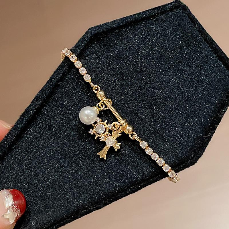 Pulseira Ajustável com Pingente de Cruz para Mulheres com Enfeites de Zircônia Joia da Moda Tendência Presente