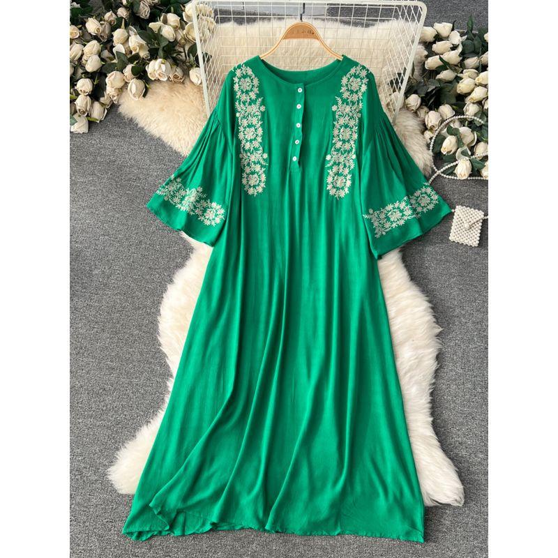 Spring Clothing Ethnic Style Retro Embroidered Flared Sleeve Dress