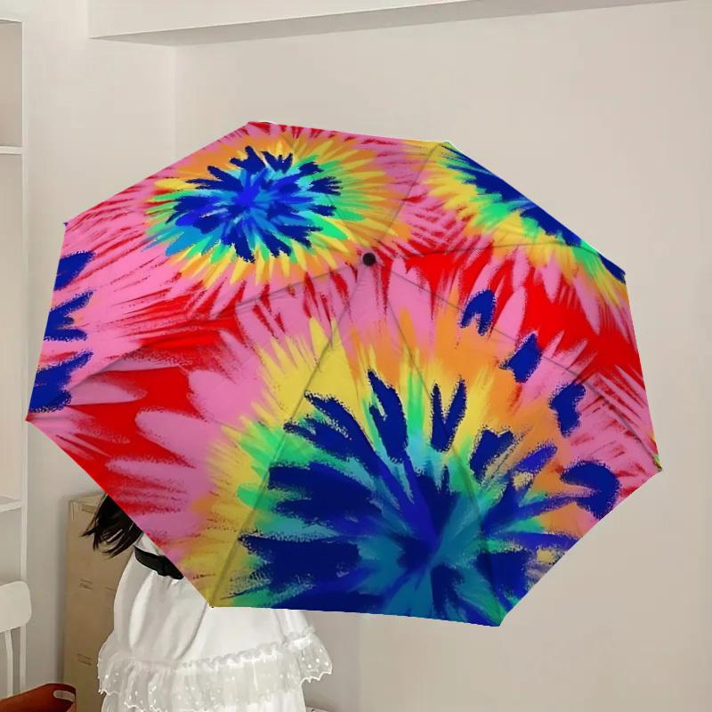 1pc Tie-Dye Pattern Automatic Folding Umbrella, Portable Collapsible Design, 8-Rib Iron Frame, Outdoor Accessory Yy250905109