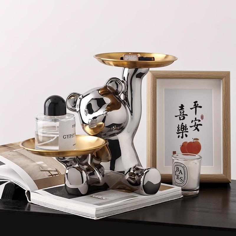 Adorable Bear Double Tray Statue Cute Holder for Jewelry Keys Desk Organizer with Dual Trays Charming Home & Office Decor Gift