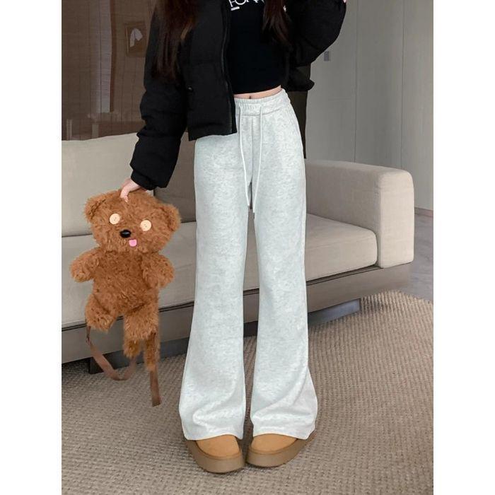 Women's Gray Low-Waist Flare Pants - 2025 Spring Drawstring Casual Slimming Straight Leg Trousers