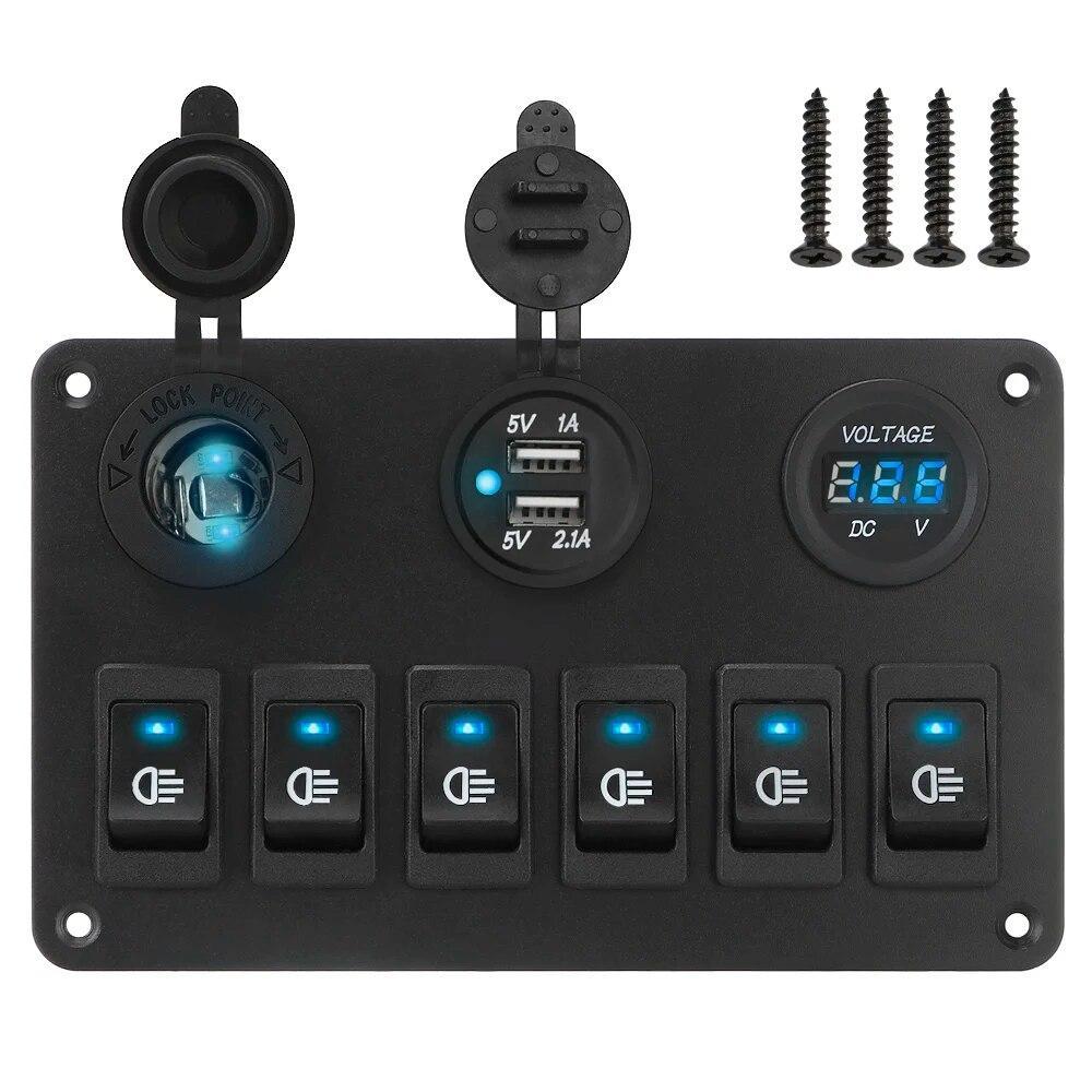 12V 6 Button Switch Panel USB Chargers Car Light Toggle 24V Truck Power Adapter Accessories For Marine Boat Trailer RV Caravan