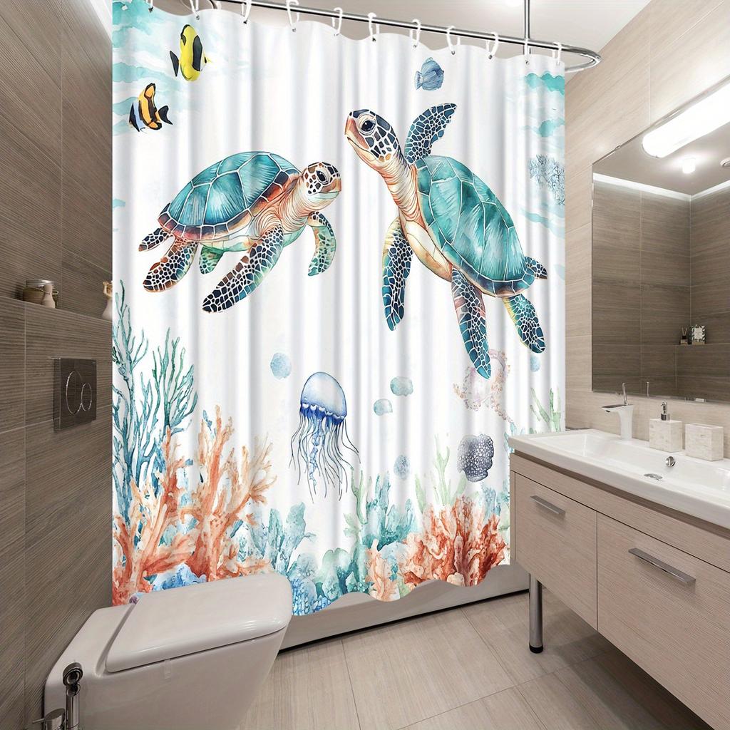 Sea Turtle Shower Curtain – Whimsical Underwater Scene With 2 Turtles, Coral Reef, Jellyfish & Fish On White, Waterproof