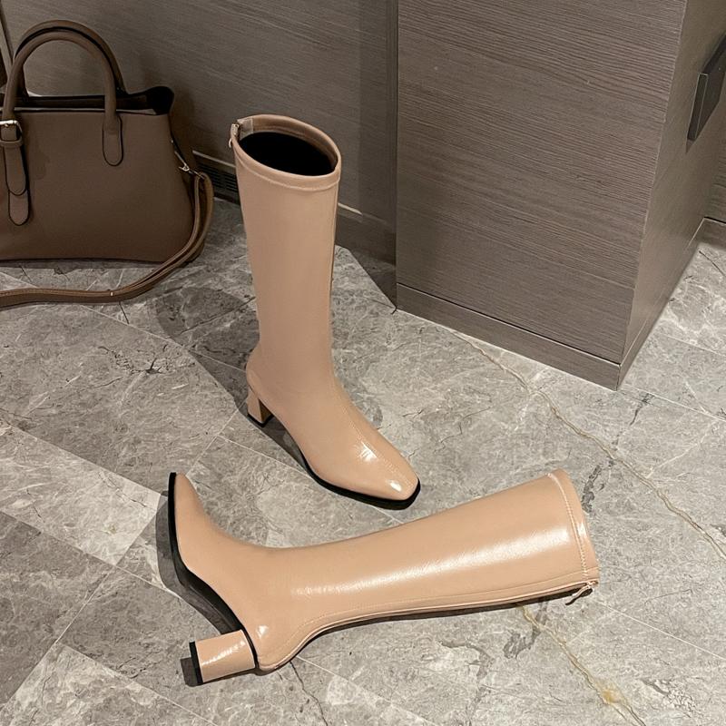 Women's High-heeled Boots Autumn and Winter New Thick-heeled Solid-color Large-size Simple Medium Boots