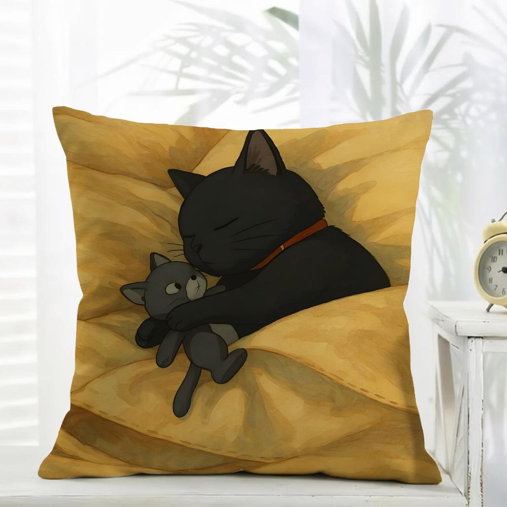 L-Little Black Cat Couple Pillow Cute Cushion Cover Daily Washable Linen Pillowcase Soft For Sofa Bed Home Room Decor