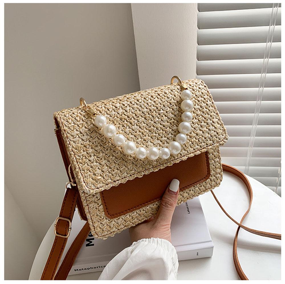 New Spring Summer Pearl Bracelet Crossbody Bag Simple Straw Woven Women Underarm Bag Fashi Square Handheld Bag For Ladies